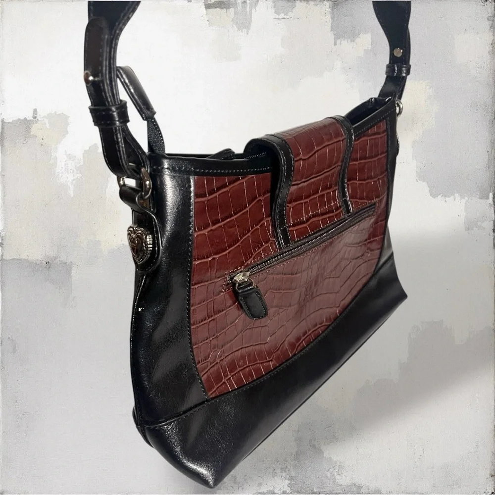 Vintage black and burgundy/red crocodile-embossed leather shoulder bag